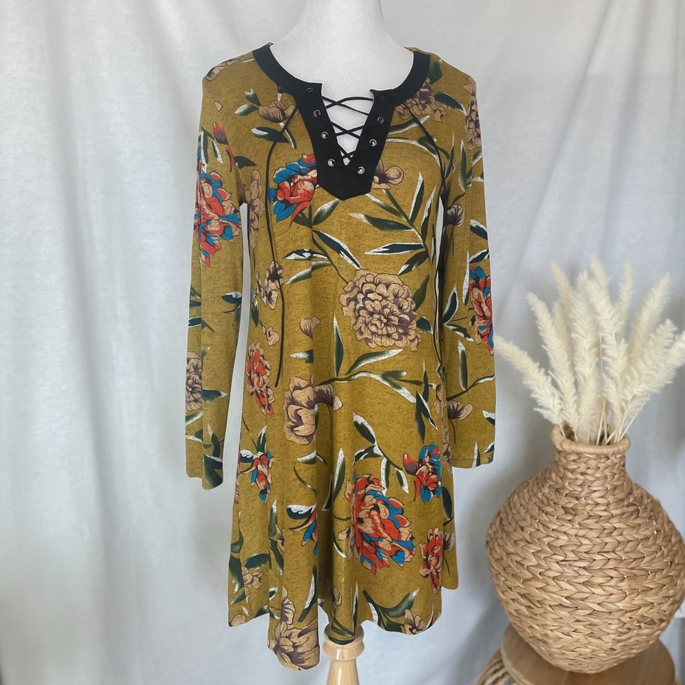 ENTRO Bold Blooms Mustard Dress NWOT